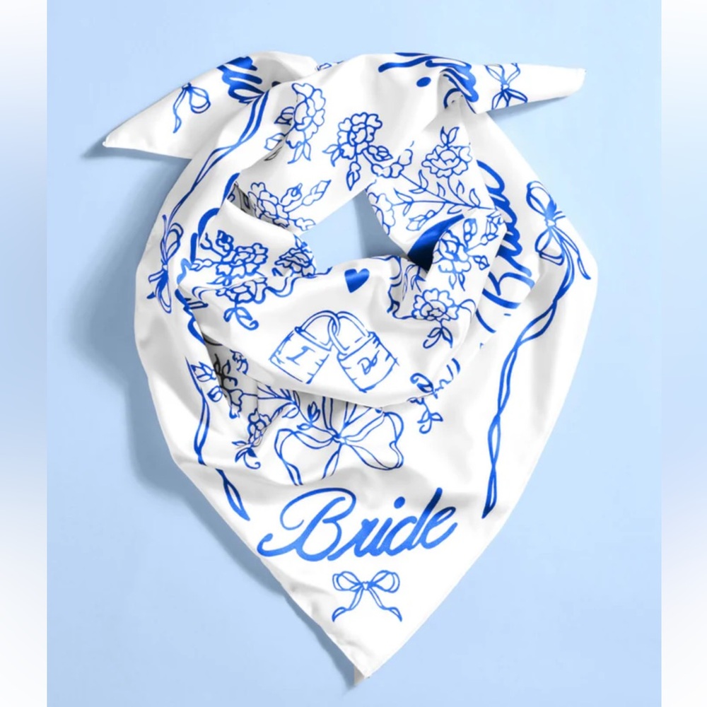 Bride White and Blue Floral Silk-Feel Bandana Scarf